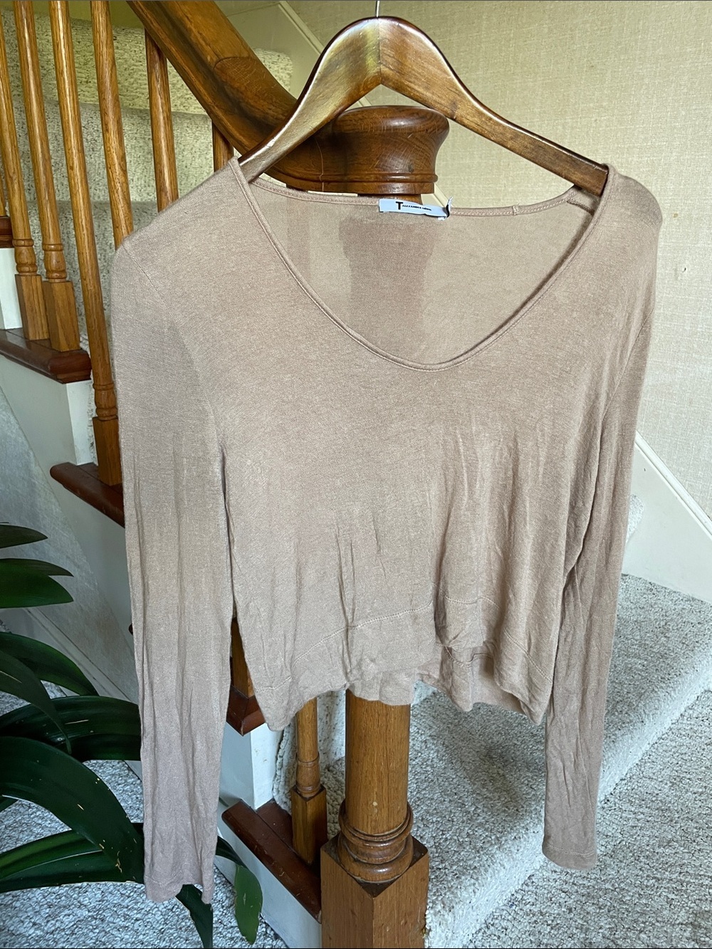 Alexander Wang Taupe Jersey Knit Slub Long Sleeve V-Neck Top